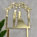 Gold mirror acrylic wedding cake topper featuring bride and groom silhouette arch detail. - Bride Groom Silhouette Arch Gold (01) / 1.3mm Thickness Width approx 10CM
