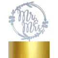 Decoration gateau mariage Mr et Mrs avec couronne florale paillettes argent brillant - Argent (Avec Papier Pailleté)