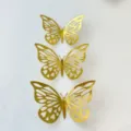 Gold hollow paper butterfly cake topper detail view, elegant party decoration, 3pcs set. - Style 2 / Set of 12 / Gold