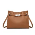 Sac à main bandoulière en cuir marron, design à serrure classique, élégant sac fourre-tout chic. - Marron Jaune