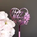 Pink mirror acrylic Happy Mother's Day cake topper detail view, elegant party decoration. - Heart Happy Mother's Day / Mirror Rose Red