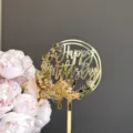 Gold acrylic Happy Mother's Day cake topper detail view with pink floral decor. - Butterfly Happy Mother's Day / Gold