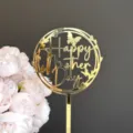 Gold acrylic Happy Mother's Day cake topper detail view, decorative party dessert insert - Small Butterfly Happy Mother's Day / Gold