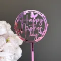 Detailed shot of a pink mirror acrylic Happy Mother's Day cake topper with cute butterfly design. - Small Butterfly Happy Mother's Day / Mirror Rose Red
