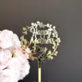 Gold acrylic Mother's Day cake topper with floral wreath design, ideal for party dessert decor. - Small Flower Happy Mother's Day / Gold