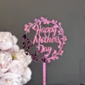 Mother's day acrylic cake topper detail view, pink floral wreath party decoration prop. - Small Flower Happy Mother's Day / Mirror Rose Red