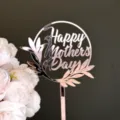 Silver mirror acrylic Mother's Day cake topper detail shot with white floral decoration. - Small Grass Happy Mother's Day / Rose Gold