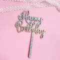 Jolie décoration de gâteau d'anniversaire à paillettes irisées avec Happy Birthday. - 3 (papier pailleté + base en bois)