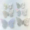 Hollow paper butterfly cake toppers set, iridescent metallic party decor for birthdays. - Style 3 / Set of 12 / Silver