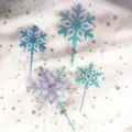 Iridescent blue acrylic snowflake cake toppers, 4 pieces set for birthday party decor. - Iridescent with Stick