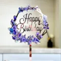 Akryliko topper tortas Charoymena Genethlia me mor pouf louloudion gia party diakosmisi - Happy Birthday Chromati Ektyposi 4 / Ροζ χρυσό