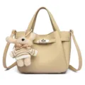 Beige leather bucket handbag with cute plush toy pendant, stylish cross-body design. - Khaki