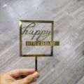 Gold Acrylic Happy Birthday Cake Topper Rectangular Sign Party Dessert Baking Decoration - Gold "Happy Birthday" Cake Topper with Stick
