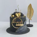 Black and gold happy birthday cake acrylic topper decoration set for party celebration - Round Happy Birthday