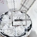 Elegant black and white tweed flower box with pearl bunny ears and anniversary acrylic topper - Silver Anniversary