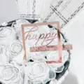 Acrylic Happy Anniversary cake topper with white rose flower box decor for party celebration - Rose Gold Anniversary