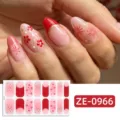 Pegatinas de uñas de Año Nuevo con degradado rojo rosa, purpurina dorada y flores. - Uñas postizas y lima de uñas