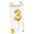 Gold number 3 birthday cake candle with plastic stick, perfect for party celebration decor. - Number Candle Gold 3