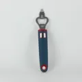 Stainless steel bottle and can opener with dark blue silicone handle detail view. - Bottle Opener