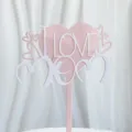Adorno de tarta de acrilico para Dia de la Madre con corazon rosa y letras I LOVE MOM. - Rosa y Blanco Amo a Mamá