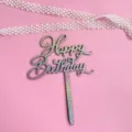 Paillettes Joyeux Anniversaire topper de gateau decoration de fete insert scintillant cake - 5 (papier pailleté + base en bois)