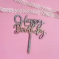 Détail de cake topper Happy Birthday pailleté, design papier iridescent pour fête. - 7 (papier pailleté + base en bois)