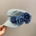 Light blue denim cadet hat with handmade floral camellia appliques for women chic casual style - Adjustable (56-58cm) / Light Blue