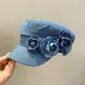 Retro denim cadet hat for women featuring handmade fabric flower appliques, versatile chic. - Adjustable (56-58cm) / Medium Blue