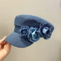 Korean style vintage denim flat top hat with handmade flower appliques, casual women baker boy cap. - Adjustable (56-58cm) / Dark Blue
