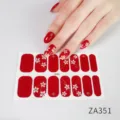 Detailed view of red floral nail wraps featuring white flowers and gold accents. - Z/A-0351