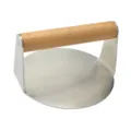 Stainless steel burger press with wooden handle for making meat patties and dough wrappers. - Wood Handle Round Presses