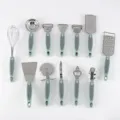 Stainless steel kitchen gadget set 12-piece cooking tools with green ergonomic handles. - 12pcs Set