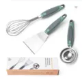 Stainless steel kitchenware set with green soft rubber handles, whisk, spatula and tool. - 3PCS Baking Set