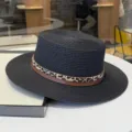 Sombrero de paja plano negro para mujer con banda de leopardo verano playa proteccion solar - Ajustable / Negro