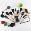 Black silicone kitchen utensil set with wooden handles, 12 pieces cooking tools holder - 23-Piece Set