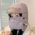 Winter women ushanka hat windproof warm thermal cap with integrated face mask and neck warmer. - M (56-58cm) / Pink