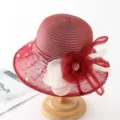Elegant womens red sun hat with organza mesh bucket design breathable summer beach hat - M (56-58cm) / Pearl Flower Contrast Color Style - Red