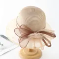 Lightweight organza lace sun hat for women, elegant breathable beach hat detail view. - M (56-58cm) / Pearl Flower Contrast Color Style - Khaki