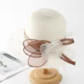 Elegant organza sun hat detail, sheer lace design with brown bow and pearls for women. - M (56-58cm) / Pearl Flower Contrast Color Style - Beige