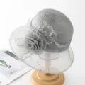 Elegant grey organza lace sun hat with delicate sequin flower decoration for women summer beach. - M (56-58cm) / Grey Sequin Lace Style