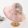 Elegant pink sun hat with transparent crown and large organza ruffle brim for beach vacation. - M (56-58cm) / Letter Open Top Visor - Pink