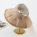 Women's large brim sun protection organza bucket hat elegant breathable beach vacation hat. - M (56-58cm) / Letter Empty Top Visor - Khaki