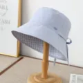 Chapeau seau unicolore français pour femmes, chapeau polyvalent automne et printemps. - M (56-58cm) / Vichy bleu réversible