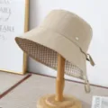 Chapeau bob unicolore français pour femme, printemps automne polyvalent design affinant le visage. - M (56-58cm) / Vichy khaki réversible