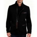 Men's black asymmetrical zipper jacket with contrast brown leather trim and stand collar. - S / Tops / Black