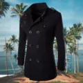 Men black double breasted woolen trench coat detail view for winter fashion style. - S / Tops / Black