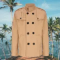 Close-up detail of the stylish khaki wool coat, featuring classic double buttons and collar. - S / Tops / Khaki