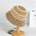 Χειμωνιάτικο χοντρό πλεκτό καπέλο bucket γυναικείο ρετρό ριγέ βελούδινο ζεστό ψαρά - M (56-58cm) / XT2554 χακί
