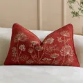 Federa per Cuscino Lombare in Ciniglia Rossa, Copricuscino Ricamato a Fiori per Divano Casa - 30x50cm / Marrone