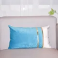 Close-up detail of the modern velvet cushion cover with blue white design and gold stripes. - Double Row Gold Bars 30*50 (Insert Not Included) / Blue
